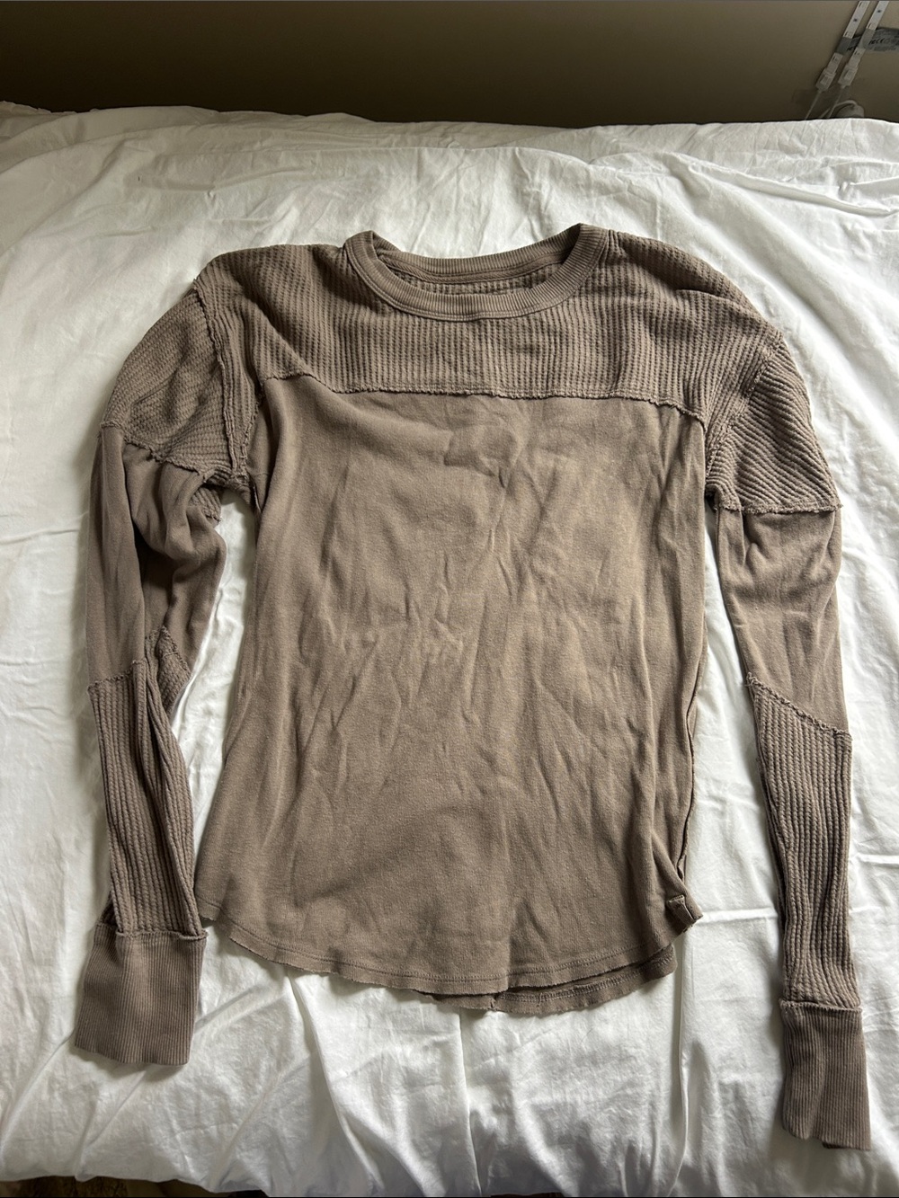 Waffle Knit Crewneck Long Sleeve Top - Taupe